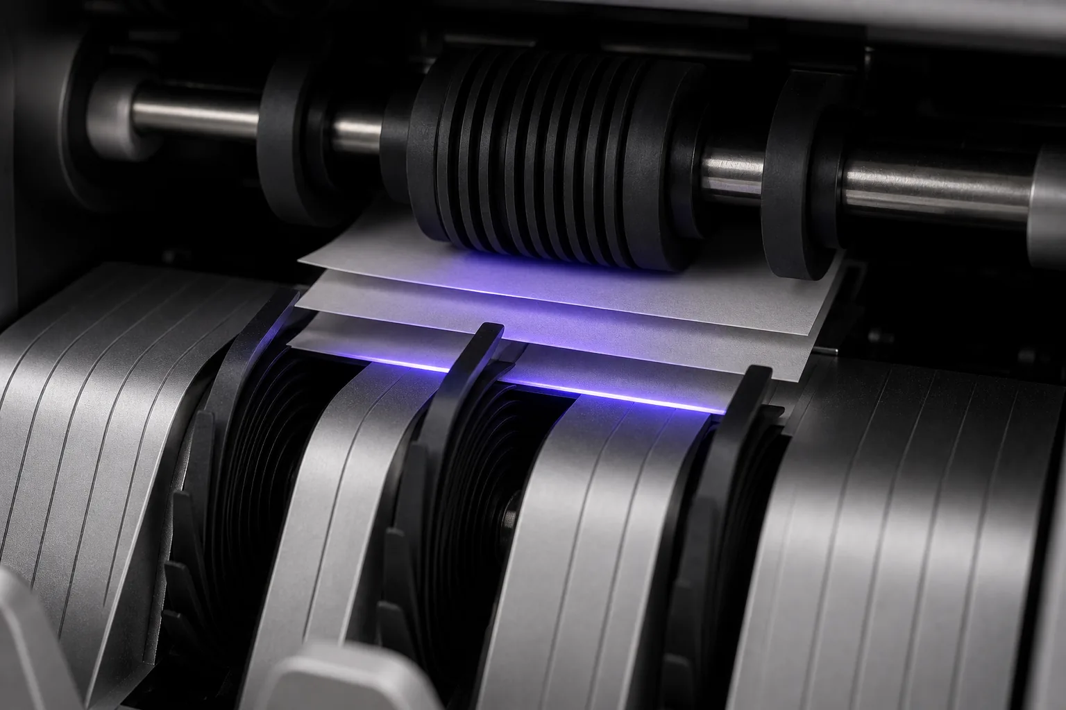 Macro of the counting path: rubber rollers, note guides and the UV line