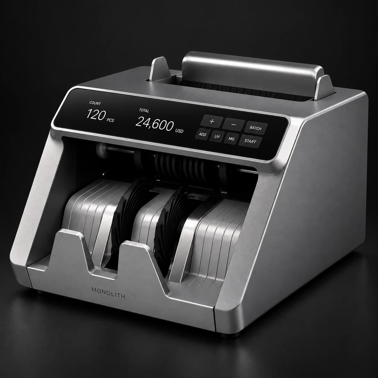 MONOLITH C1 banknote counter in a graphite studio