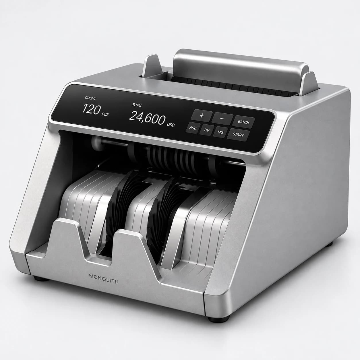 MONOLITH C1 banknote counter in precision-machined aluminum