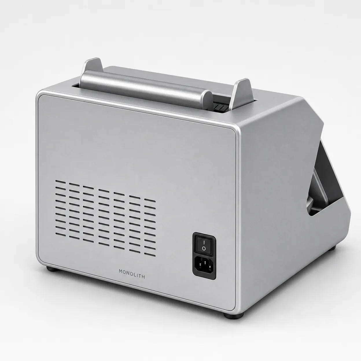 Rear of the MONOLITH C1 with vent grid, power switch and inlet